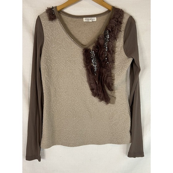 Tops - Forla Paris French Designer Taupe Embellished Ruffle Shirt Sz Med  AS IS READ!